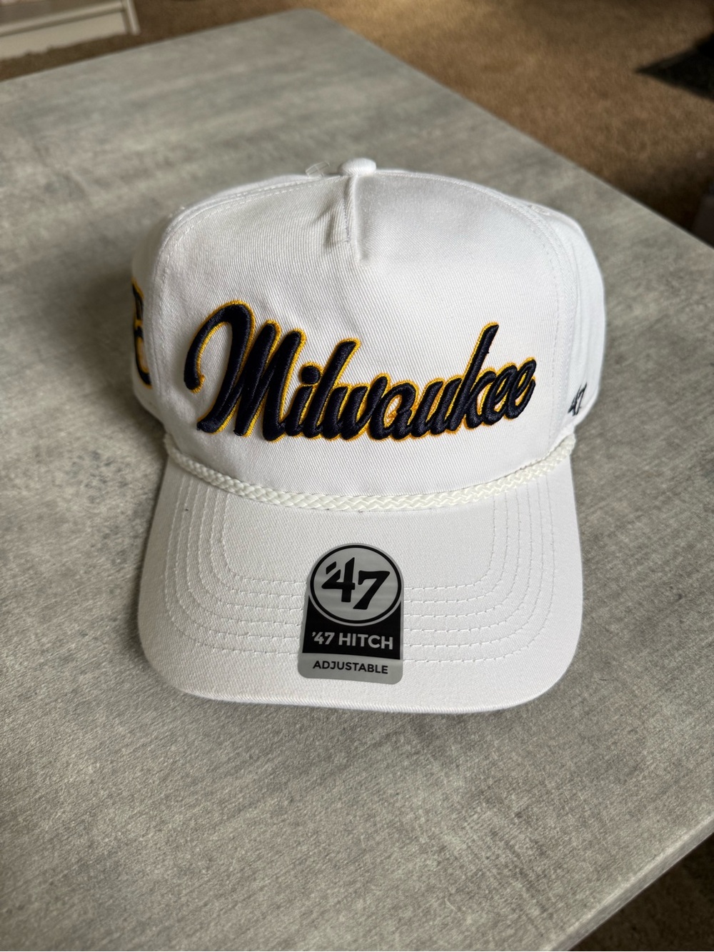 '47 Milwaukee Brewer Script Rope Brim Cap - White with Navy & Gold Accents